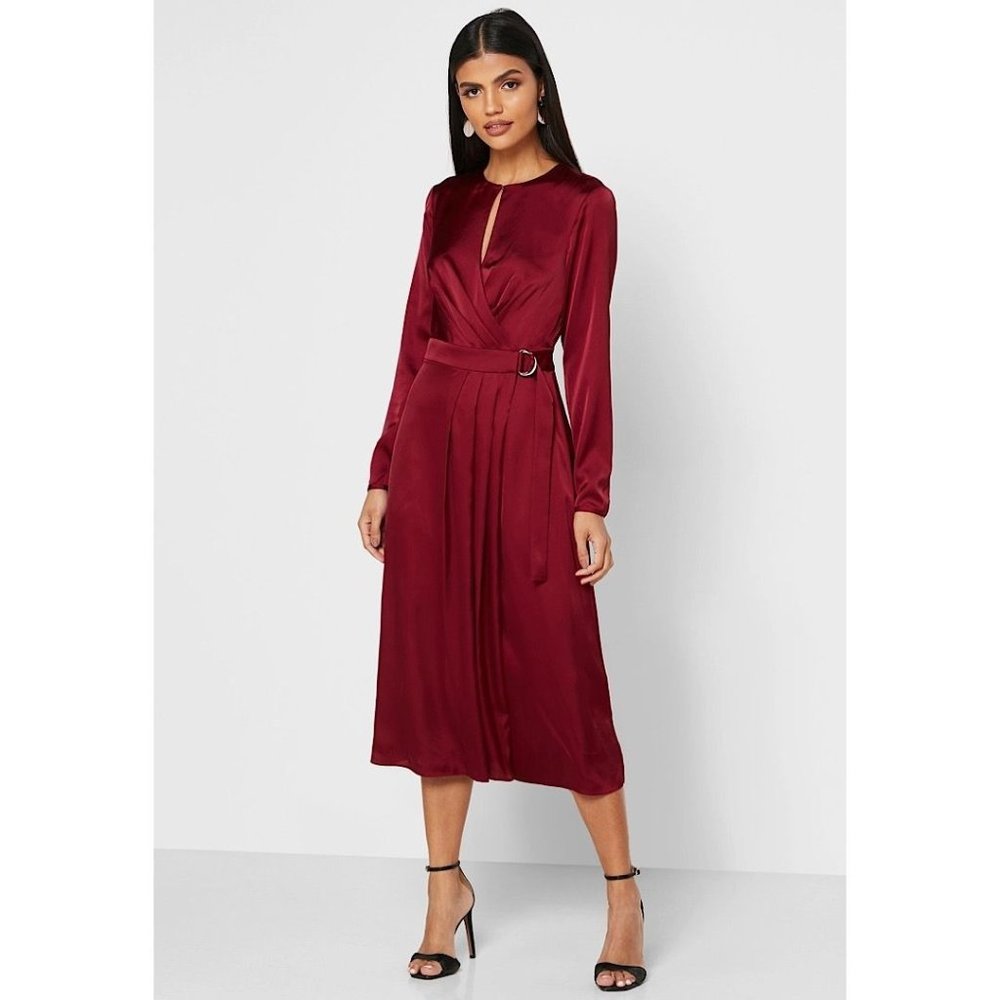 NWT Ted Baker London Neenha Long Sleeve Satin Midi Wrap Dress Red 1 - Picture 1 of 12